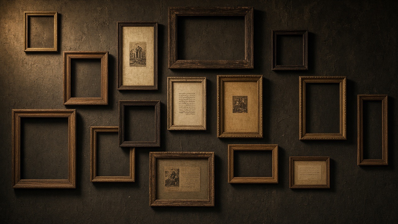 A dim wall of wooden frames in a print shop