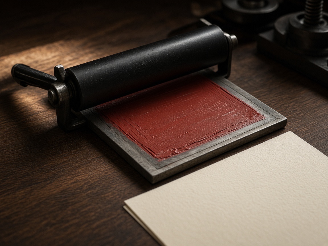 A hand press, ink roller and a steel plate
